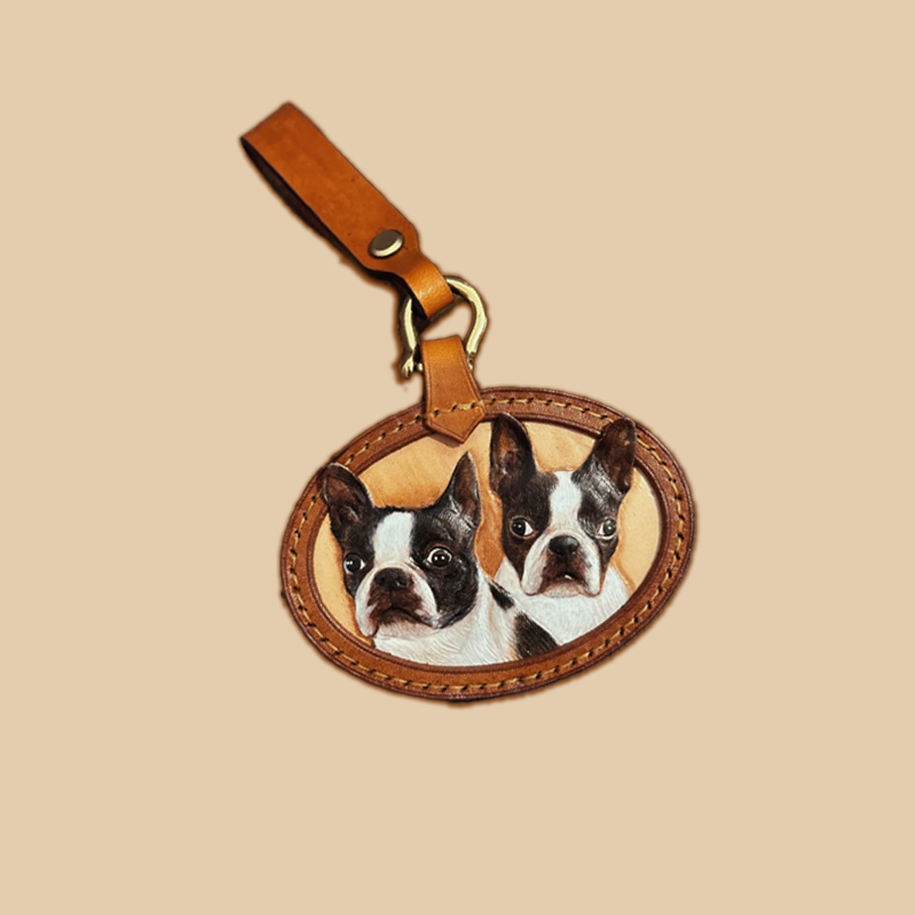 3D Vegetable‑Tanned Leather Pet Carving Round Keychain 100 mm (3.94 in) – Custom Double Pet Design