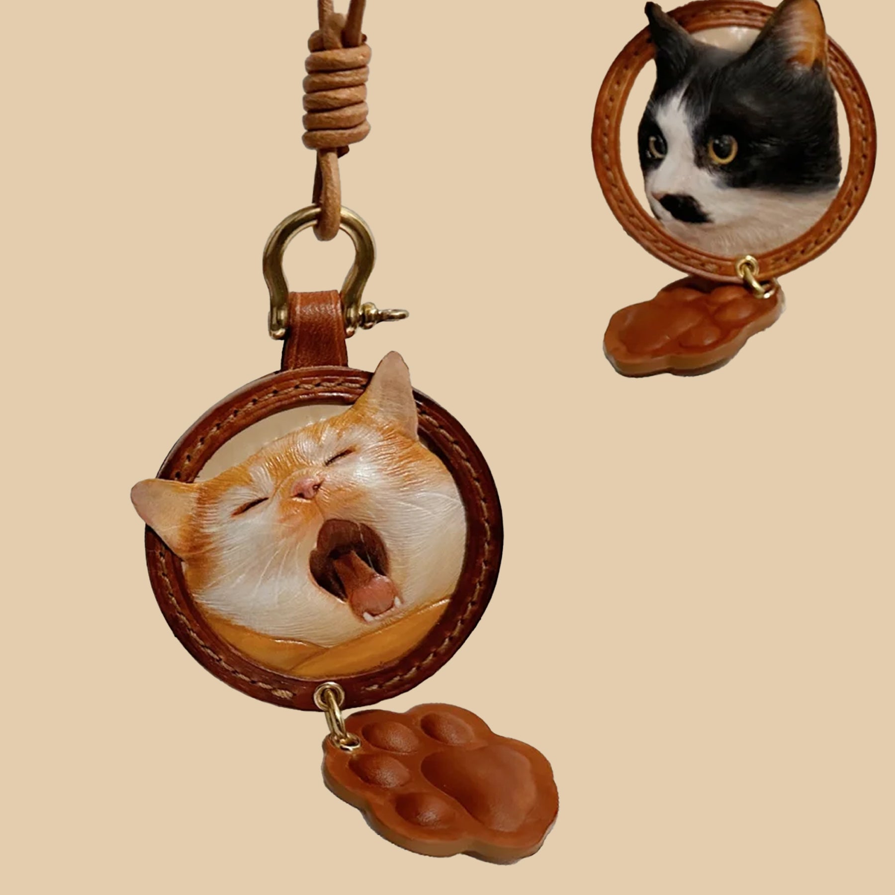Custom 3D Vegetable‑Tanned Leather Pet Portrait Round Keychain – Handmade Single Pet