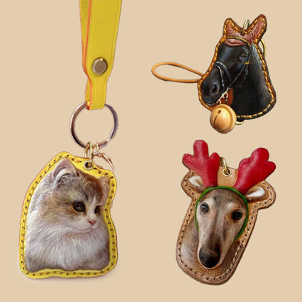 3D Vegetable‑Tanned Leather Pet Bust Keychain ~80 mm (3.15 in) – Custom Single Pet Silhouette