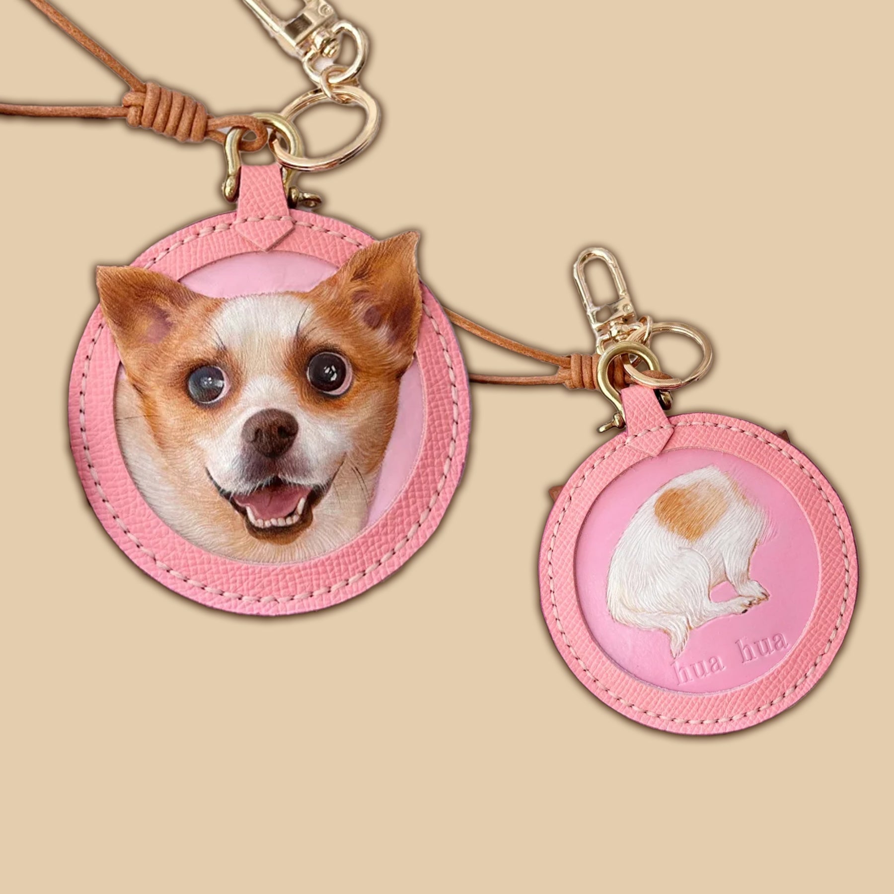 Custom 3D Vegetable‑Tanned Leather Pet Portrait Round Keychain – Handmade Single Pet