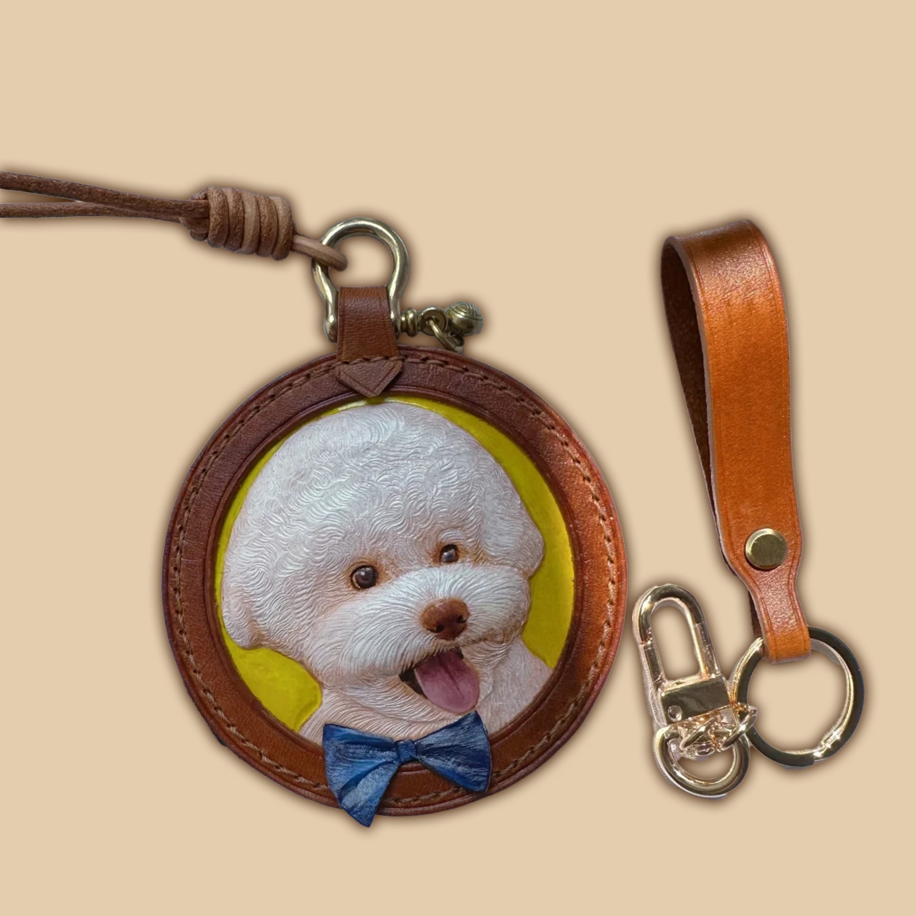 Custom 3D Vegetable‑Tanned Leather Pet Portrait Round Keychain – Handmade Single Pet